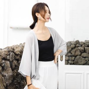 chaqi | Summer Thin Shawl Womens Outerwear Cover Up Cardigan Sleeveless Vest Top chiffon Fabric Loose Fit Short Length Commute Style