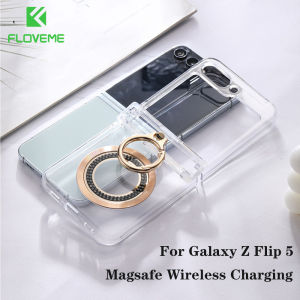 FLOVEME Plating Clear Folding Magsafe Phone Case For Samsung Galaxy Z Flip 5 5G With Ring Holder Hinge Protection Wireless Charging Transparent PC Shockproof Back Cover For Galaxy Z Flip 5