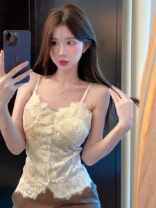 Áo Ba Lỗ Ren Kiểu Pháp Cổ Chữ V Áo Lót Bên Trong Cho Nữ Mùa Thu Đông Áo Khoác Lông Ngắn Gợi Cảm Bằng Nhung Vàng Áo Ba Lỗ