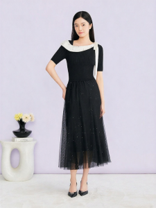 YINER | Summer New Beaded Bow Decorated Knit Patchwork Tulle Dress