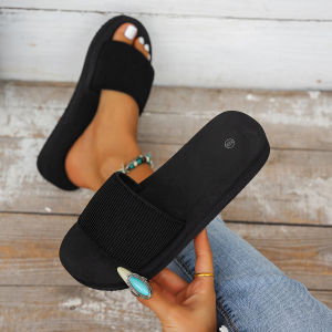 Womens Minimalist Black Knit Slide Sandals,Comfortable Flat Casual Slippers for Indoor Outdoor Beach Daily Wear