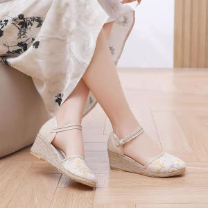 Beijing Cotton Linen Embroidered High Heel Ethnic Style Womens Shoes Spring Summer Flat Heel Hanfu Sandals Comfortable Breathable