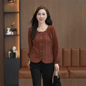 Ladies Autumn Clothes Slimming Long-Sleeved Shirt Fashion Fashionable round Neck Top Shirt Ladieswear Fall Easiest for Match Solid Color Shirt