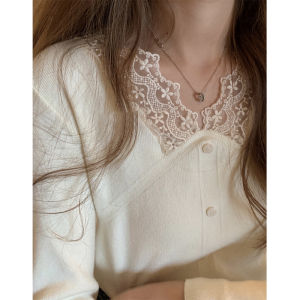 Elegant Lace Inner Wear Top Womens Early Autumn White Soft Gentle Long Sleeve Knitted V-neck Base Shirt Commute Style Pure Color