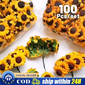 100Pcs Artificial Sunflower Scrapbook Christmas Decor for Home Wedding Outdoor Garden Diy Candy Box Bridal Accessories