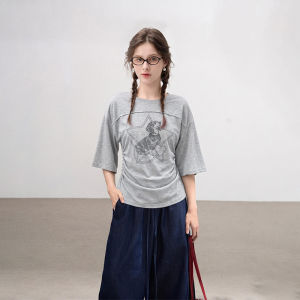 BAIDAIFEI | American Grey Flared Sleeve Regular Shoulder Short Fitted T-shirt