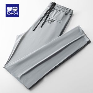 ROMON | Romon Mens Casual Pants Summer Thin Loose Straight Elastic Drawstring Waist Dad Ice Silk Long Trousers Fashionable Urban Style