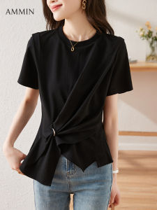 เสื้อเบลาส์รูปร่างแบบลำลองคอกลมแขนสั้นมีสายคล้องคอดีไซน์วินเทจแบบฤดูร้อนใหม่สีดำ