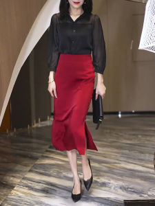 Elegant Red Suit Skirt Womens Mid-Thigh Side Split High Waist One-Step Skirt Summer New Style Over-Knee Bodycon Skirt