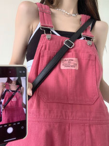 Pink Denim Overalls Womens Summer Age-Defying Casual Straight Leg Wide Leg Pants High Waist Pure Color Long Trousers