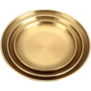 3pcs Gold Serving Tray Stainless Steel Dinner Dishes Round Metal Trays for PicnicOutdoor Camping ShatterproofDishwasher Safe