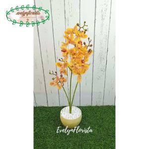 Tanaman Hias Bunga Anggrek X3 Kuning Bintik Bunga Artificial Vas Melamine Motif Serat Kayu