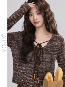 เสื้อถักคอวีสายรัดสไตล์ย้อนยุคสำหรับผู้หญิง ฤดูใบไม้ร่วง 2025 เสื้อคลุมสบายๆ ทรงหลวม สวมใส่สบาย ระบายอากาศได้ดี