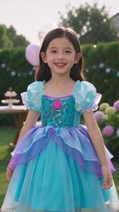 Girls Puff Sleeve Mermaid Ocean Princess Fancy Dress Sequin Shell Layered Tulle Tutu Dress Halloween Party Costume