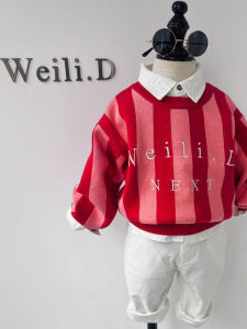 Red Spring Festival Celebration Kids Sweater Fine Yarn round Neck Overhead Elastic Stripe Cotton Knittedwear for Boys And Girls