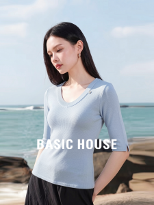 Basic House | Blue Silk-Blend Slim Fit U-Neck Knit Top
