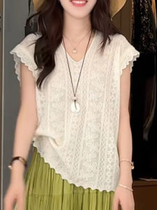 เสื้อถักไหมน้ำแข็งคอวีลูกไม้สำหรับผู้หญิง แขนพอง ทรงหลวม ทรงบาง สไตล์เกาหลี ใส่ในฤดูร้อน เสื้อเชิ้ตพื้นฐาน