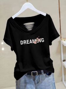 Áo Thun Cotton Cổ Chữ V Hở Vai Thời Trang Mùa Hè Cho Nữ Cỡ Lớn Dáng Rộng Tay Ngắn in Họa Tiết Hoạt Hình