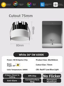 HUOQI | Frameless Flush Mount Recessed LED Spotlight 75mm