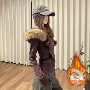 SUHUIQIAN | Slim Fit Hooded Fur Collar Winter Coat Short Length With Waist Tuck Fluff Padding Warmth Female Styling