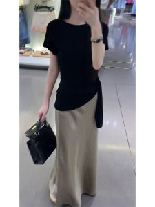 YUEZHONGWEI | Áo thun nữ tay ngắn dệt kim lụa đen mùa hè 2025 mới thiết kế eo thắt nơ phong cách Hàn Quốc thường ngày