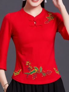Elegant Ethnic Style Mid-Sleeve T-Shirt for Women with Button Detail Embroidered Floral Design Stand Collar Base Shirt