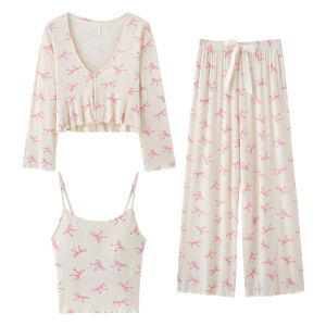 MiiOW | MiiOW Ice Silk Strap Chest Pad Womens Sleepwear Long Sleeve Three-Piece Set Pants Luxury Home Clothes Spring Autumn Season