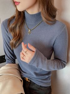 MiiOW | Áo thun dệt kim dài tay ôm vừa vặn cho nữ Áo lót mùa thu đông phong cách Mỹ cổ điển Áo thun tay dài cổ cao màu trơn