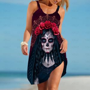 ชุดเดรสสายเดี่ยวชายหาดพิมพ์ลายสำหรับผู้หญิง เสื้อผ้าทำงานฤดูร้อน แขนกุด กระโปรงทรงเอ คอวี ความยาวปานกลาง เสื้อผ้าทำงาน