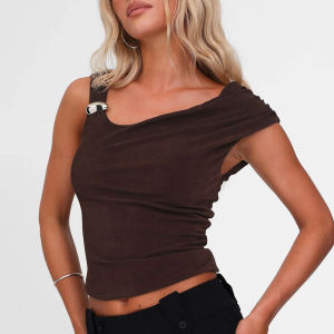 Asymmetrical Ruffled Crop Top And Shorts Set High Waist Five-Quarter Length Polyester Fabric Ladies Fashion Spring/Summer