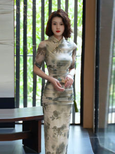SHANGSHA | New Chinese Style Modified Qipao Business Wear Elegant Ethnic Green Flower Dress
