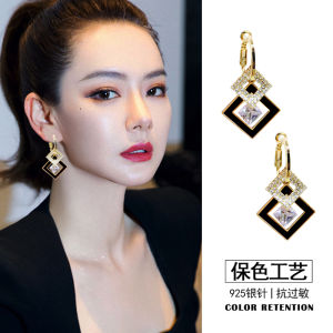 Elegant Black Exaggerated Silver Earrings for Women 925 Pure Silver Studs Luxury Fashion Jewelry Diamond Embedded
