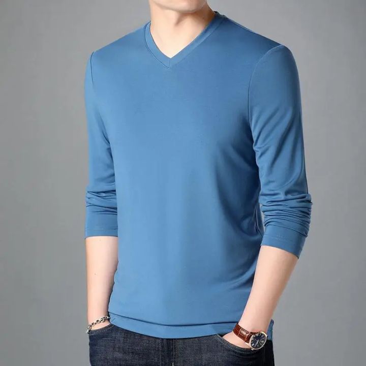 Modal Long Sleeve Ice Silk V-Neck Top Men's Sweatshirt Base