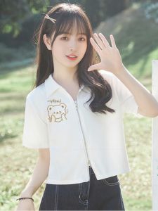 Shoulder Short T-Shirt Women's Short Sleeve Summer Cardigan Zipper Polo Collar Small Shirt Stylish Small Easiest for Match Tops