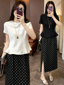 Rounded Hem Flare Sleeve T-Shirt Vinegar Acetate Polka Dot Skirt Set