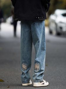 กางเกงยีนส์ทรงหลวมสไตล์อเมริกันย้อนยุคสำหรับผู้ชาย กางเกงขายาวทรงตรงบางๆ สำหรับฤดูใบไม้ผลิและฤดูร้อน สไตล์สตรีทที่สวมใส่สบาย