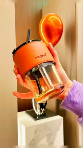 แก้วน้ำขนาด 450 มล. ถ้วยกาแฟดีไซน์เรียบหรู มาพร้อมหลอดแก้ว ฝาปิด และปลอกซิลิโคนทนความร้อน