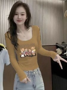 Slim Fit Long Sleeve U-Neck T-Shirt for Women Fashionable Early Autumn Inner Wear Youthful Printed Splice Soft Comfortable Breathable