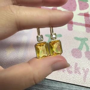 Huitan Simple Stylish Square Yellow Cubic Zirconia Hook Earrings Luxury Gold Color Womens Wedding Drop Earrings Fashion Jewelry
