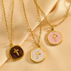Multi Color 18K Gold Plated Necklace Stainless Steel Enamel Cross Pendant Charm Necklace for Women Men