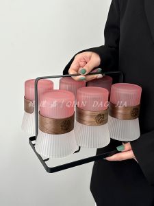 Modern Minimalist Gradient Pink Glass Cup Set for Guests Heat Resistant High Temperature Resistant Frosted Anti Scalding Wood Case Cold Drink Cup