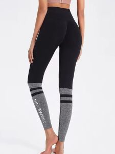High Waist Letter Splicing Running Fitness Yoga Pants Womens Sportswear Nine Points Pants Tummy Control Butt Lifting