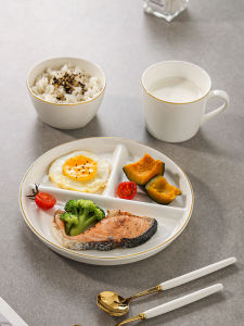 Adult Ceramic Breakfast Plate with Golden Edge European Style Dinnerware for Weight Loss And Fat Reduction 8 Inch round Dish