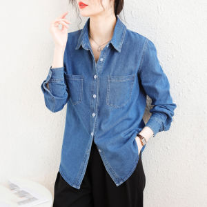 High-End Womens Casual Loose Fit Thin Denim Shirt Fashionable Layering Style Korean Version Long Sleeve Pure Cotton Polo Collar