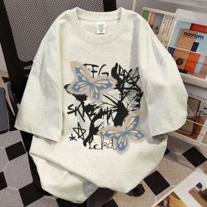 Retro American Loose Fit Pure Cotton Short Sleeve T-Shirt Womens Base Layer Shirt Summer Butterfly Print Versatile Top