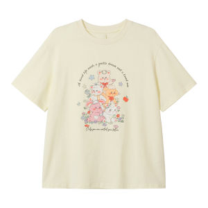 Hello Canon Original Print Short Sleeve T-Shirt Womens Summer 2025 New Loose Shoulder Short Top Cotton Polyester Blend