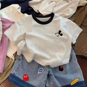 Letter Print Color Contrast Round Neck Short Sleeve Cotton T-Shirt