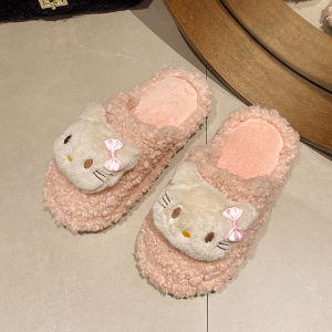 Cute Hello Kitty Baotou Fluffy Slippers Female Outwear 2024 Fall and Winter New Arrival Interior Home Non-Slip Warm Cotton Slippers