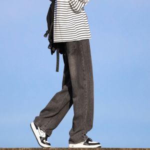 Washed American Wide Leg Jeans Mens Spring Autumn Retro Trendy Loose Straight Casual Pants Youth Wear Cotton Polyester Blend