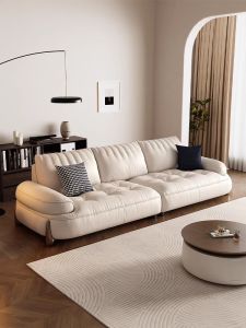 Creamy Style Top Grain Leather Sofa down Filled Straight Row Living Room Small Apartment New 2024 White Leather Couch